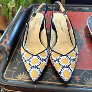 Sarah Flint Emma Slingback blue yellow and white embroidered block heel 40.5 9.5